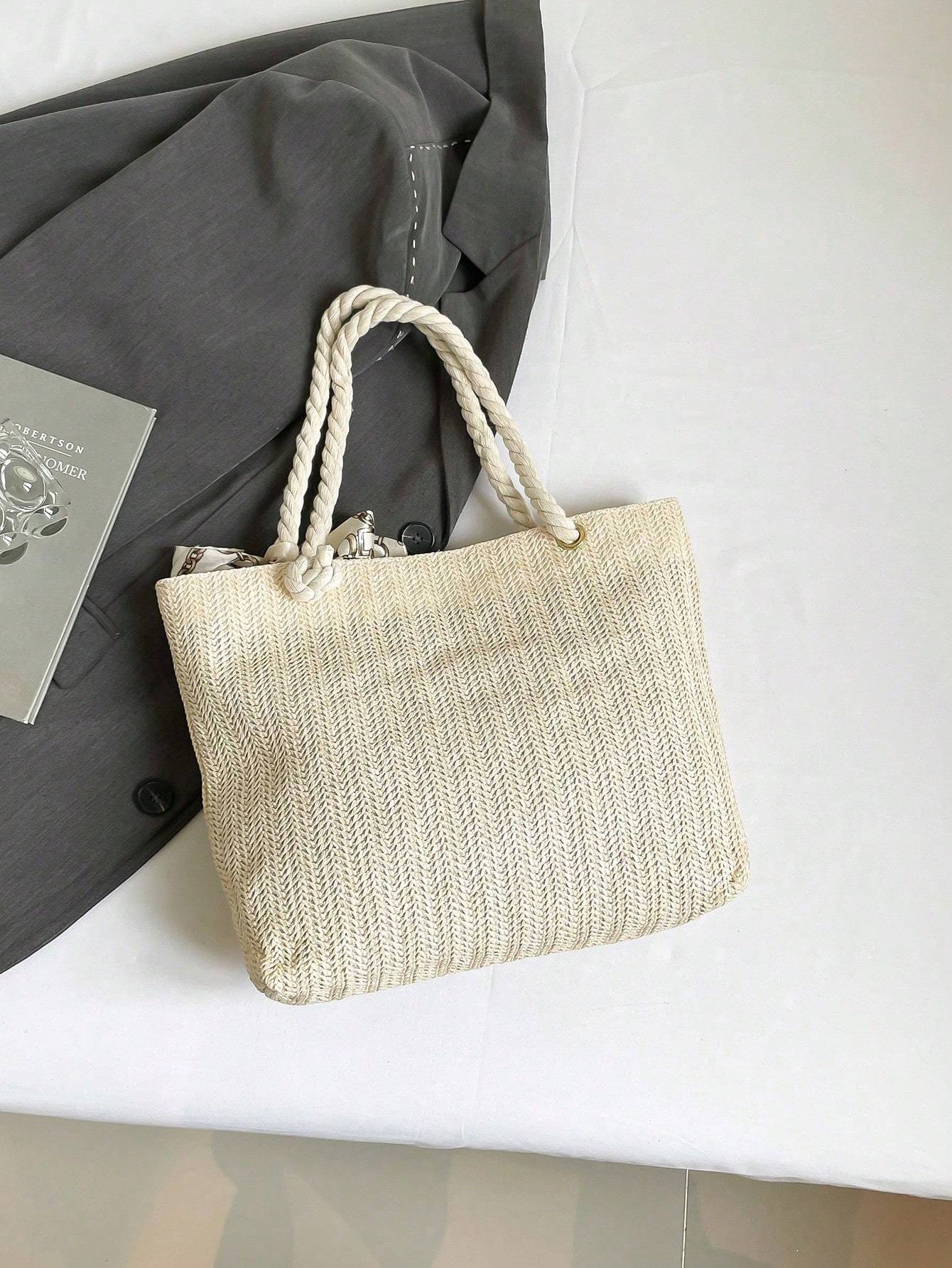 Women's New Style Woven Large Capacity Bag Women's Fashionable Straw Simple Silk Scarf Tote Bag