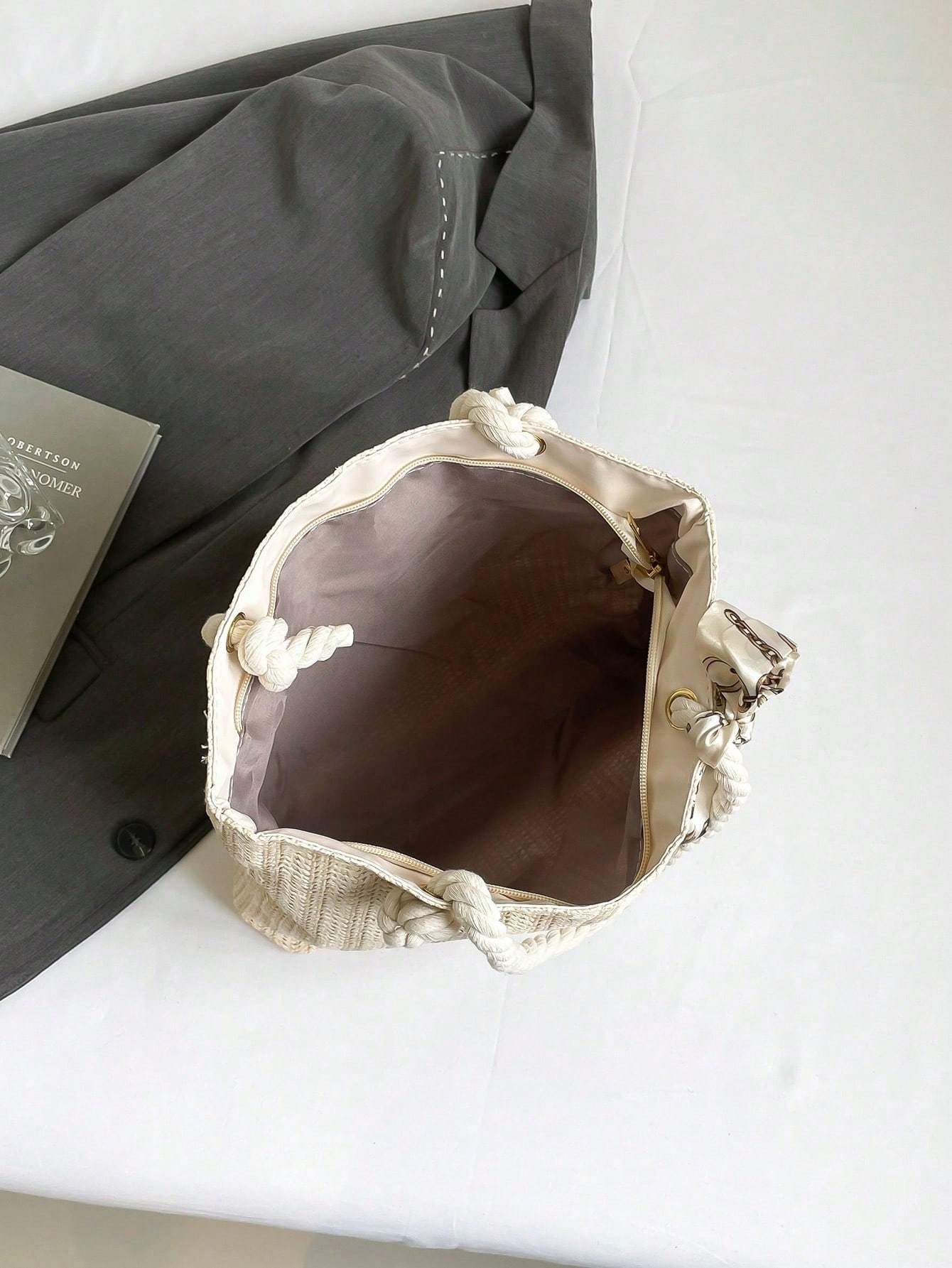 Women's New Style Woven Large Capacity Bag Women's Fashionable Straw Simple Silk Scarf Tote Bag