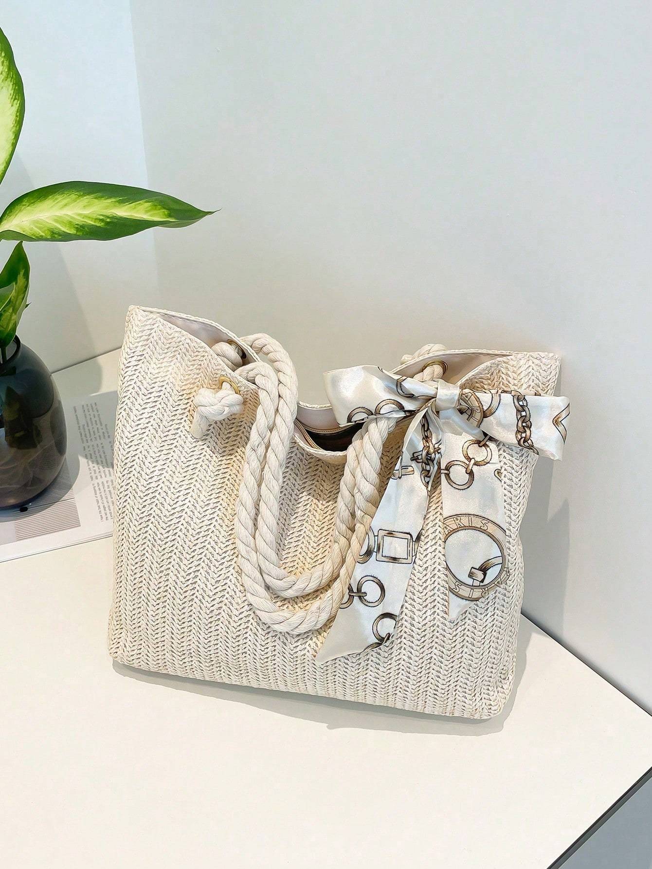 Women's New Style Woven Large Capacity Bag Women's Fashionable Straw Simple Silk Scarf Tote Bag